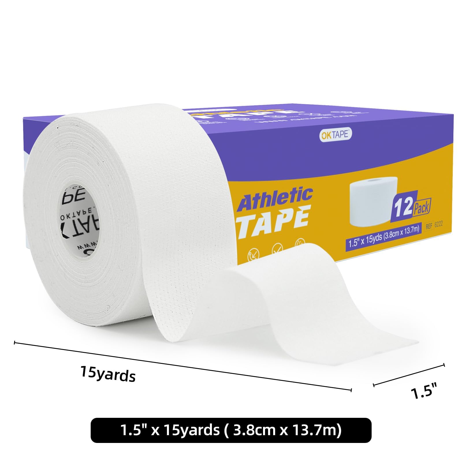 OK TAPE 12 Rolls Athletic Tape, Sports Tape for Injuries, Rigid, Easy Tear Medical Tape, Wrist Tape, No Sticky Residue | Secure Ankle, Finger, Knee- 1.5inch x 15yards (White)