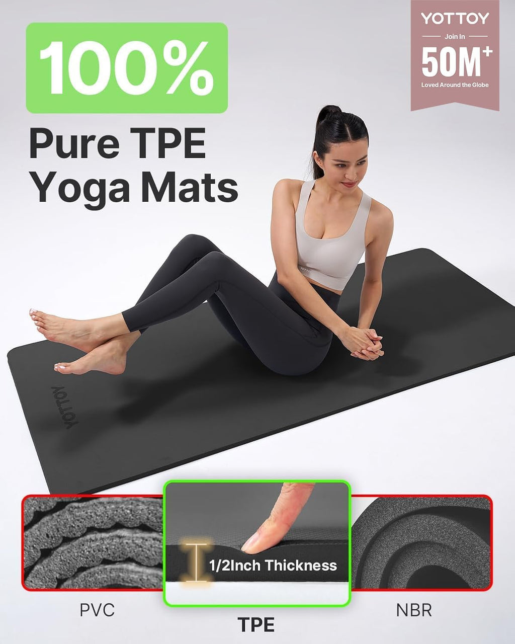YOTTOY Extra Thick Yoga Mat - 1/2 Inch Non-Slip TPE Exercise Mat for Home Gym & Pilates