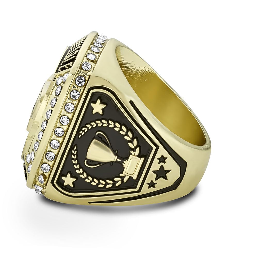 Express Medals Champion Gold Color Trophy Ring with Crimson Red Synthetic Center Stone Award Gift Fantasy Prize with Display Neck Chain and Stand Championship Rings