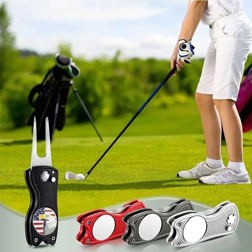 Patriotic Golf Divot Tool with USA Flag & Eagle Ball Marker - Perfect for Golfers (Black)