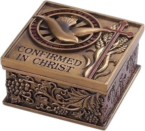 Confirmed In Christ Dove Bronze Tone Memory Trinket Box - 2.75 x 2.75 Resin Stone