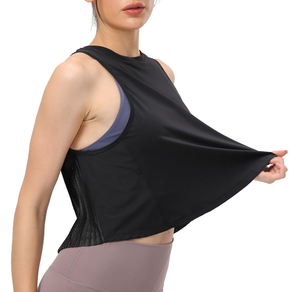 Women's Pleated Cropped Sports Tank Tops Sleeveless Running Workout Tops Active Yoga Tops Shirts(Black,8)