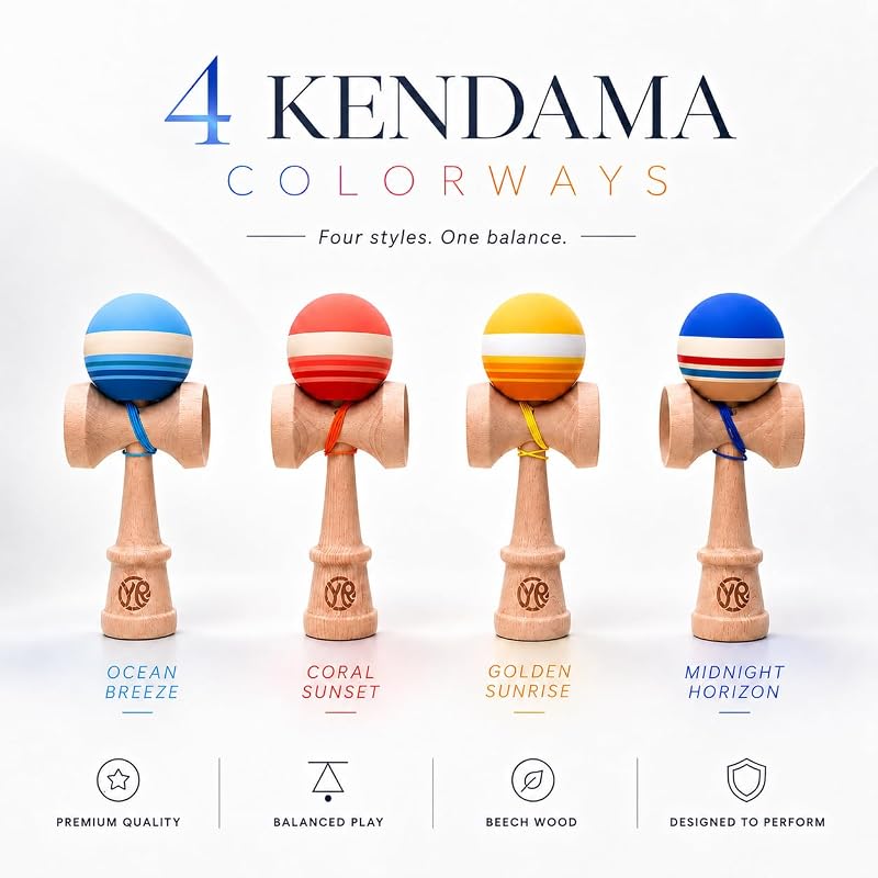 Kendama Beech Wood Skill Toy with Retro Stripe Ball Design - Ocean Breeze Variation