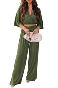 PRETTYGARDEN 2 Piece Outfits for Women Summer Casual Short Sleeve Wrap V Neck Crop Tops Wide Leg Pants Set (Army Green,Medium)