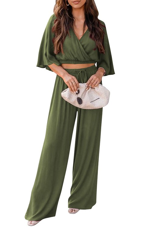 PRETTYGARDEN 2 Piece Outfits for Women Summer Casual Short Sleeve Wrap V Neck Crop Tops Wide Leg Pants Set (Army Green,Medium)