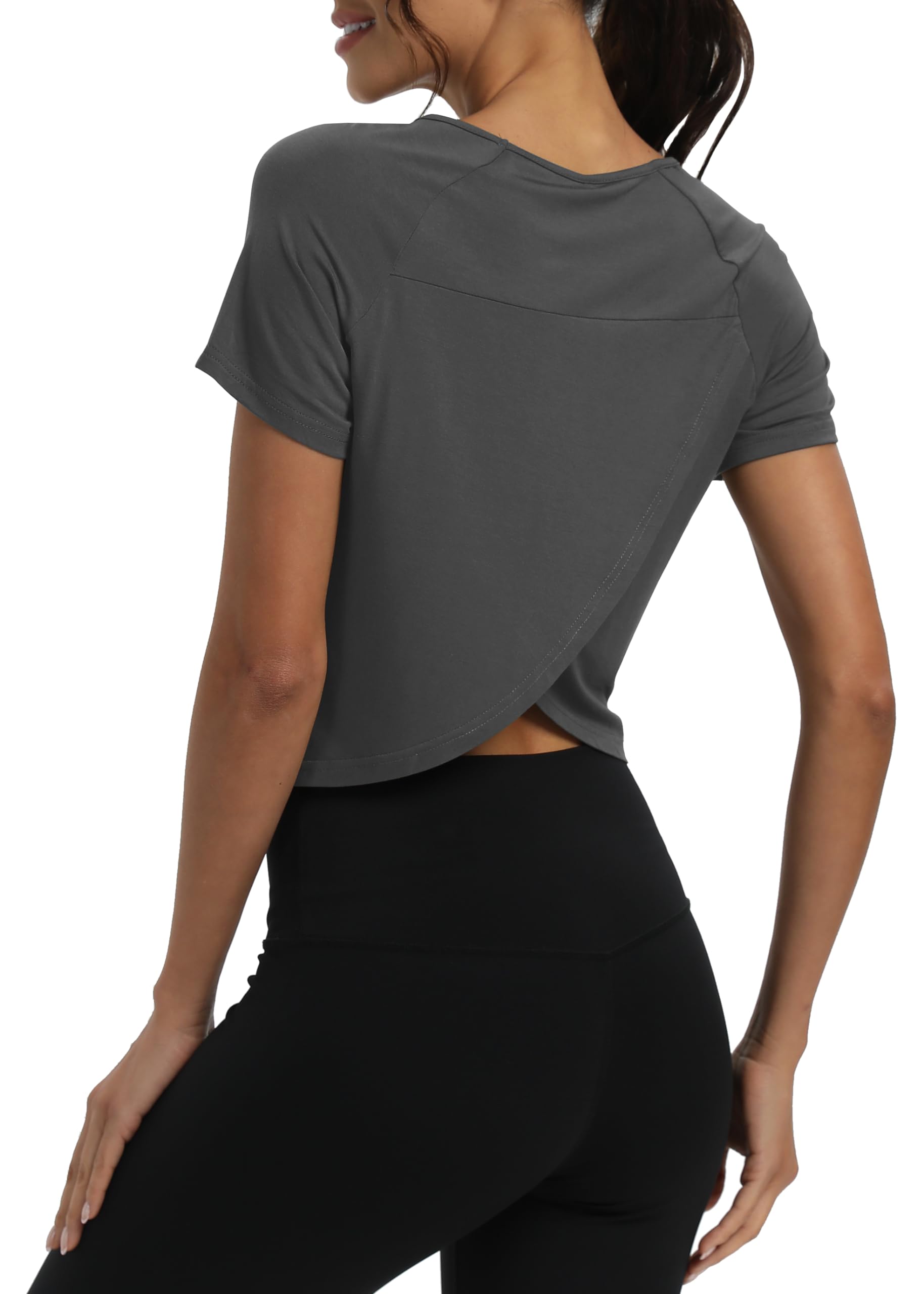 Mippo Short Sleeve Athletic Tops Workout Shirts Exercise Clothes Gym Crop Top Tshirts for Women Loose Fit Dark Gray M
