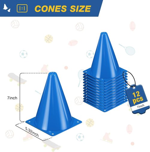 Durable 12pcs Soccer Cones - 7 Inch Plastic Traffic Cones for Sports Training & Agility Drills