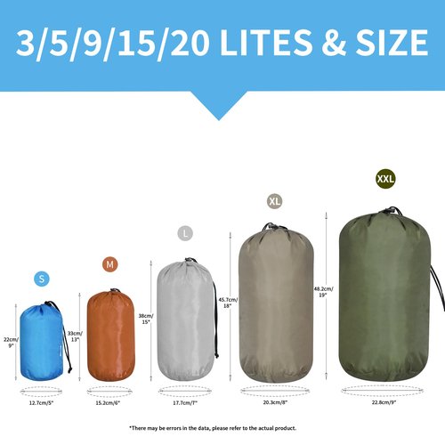 VESPERBUDDY Small Drawstring Bags Stuff Sack Set 5-Pack,Colorful 3L/5L/9L/15L/20L Ultralight Ditty Bags with Dirty Flap for Camping,Hiking,Travelling or Laundry (Blue&Golden&Grey&Yellow&Green)