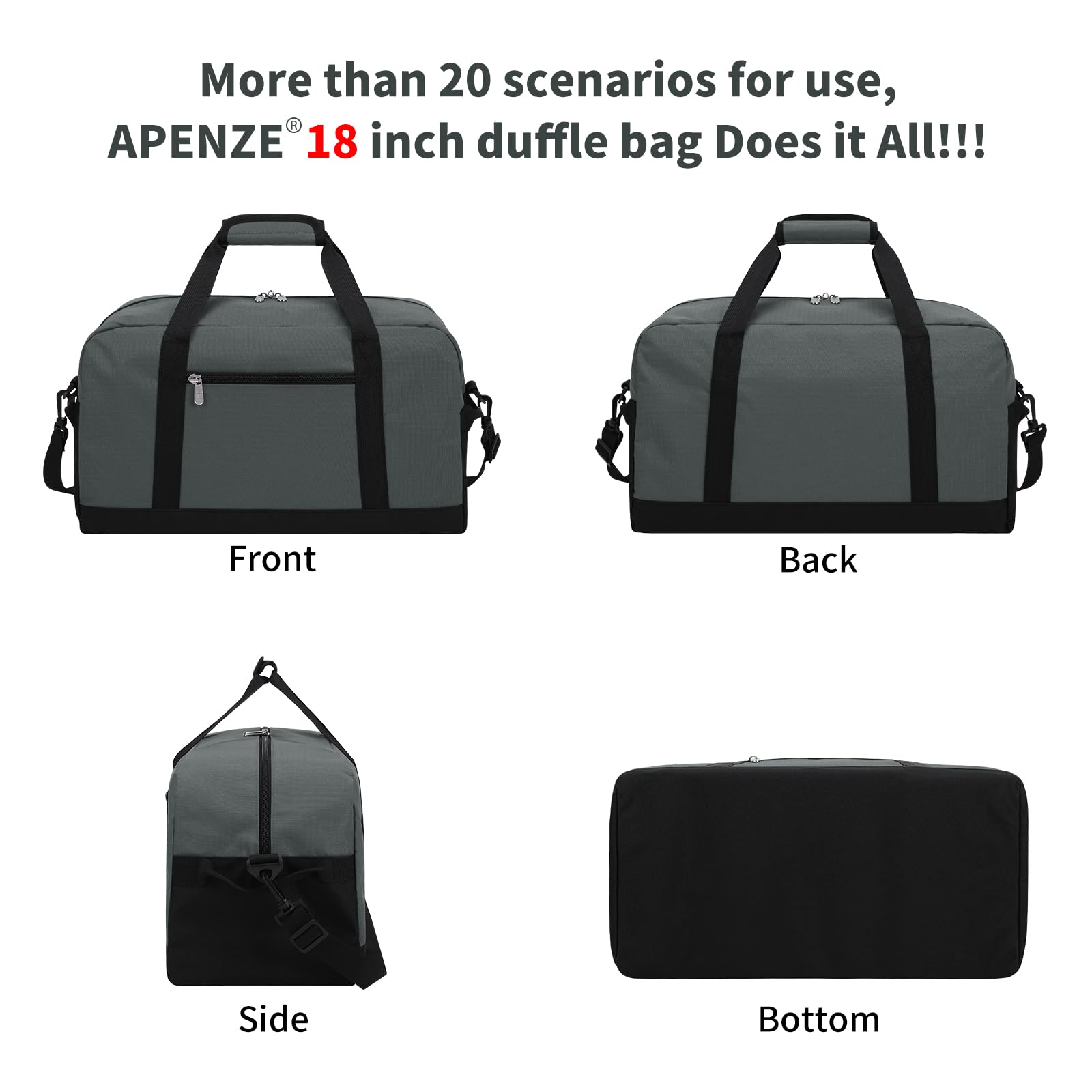 Apenze Small Gym Bag 18 inch Carry On Duffel Bag for Weekender Travel - Dark Grey