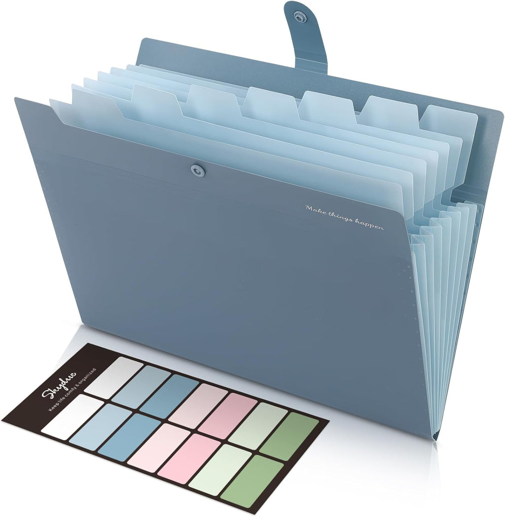 SKYDUE Expanding File Organizer - 8 Pocket Accordion Folder with Labels | Portable Document Storage, Blue