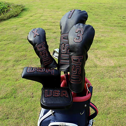 Golf Club Head Cover Set Red for 2-7 and 3/4/5/7 Wood & Hybrid Clubs - Leather
