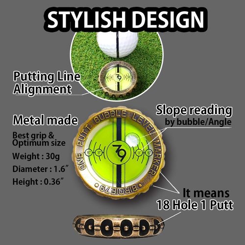 BIRDIE79, 360-Degree Golf Ball Marker & Slope Reading by Bubble Angle Alignment Tool Sets - Triple Line Stencil with 3-Color Pens, Matal Frame Marker