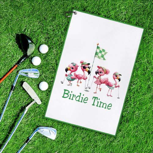 White Birdie Time Flamingo Golf Towel with Clip - Women Golf Accessories