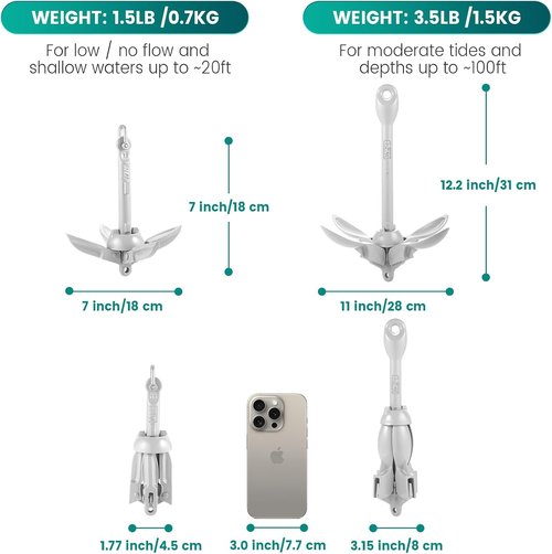 Kayak Anchor Kit - 1.5/3.5 lb Compact Folding Grapnel Anchor for Kayaks, Canoes & Small Boats