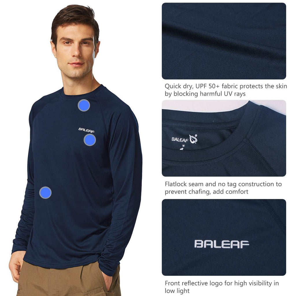 baleaf Mens UPF 50+ Sun Protection Shirts Long Sleeve Rash Guard, Quick Dry 4-Way Stretch for Fishing Swimming Surfing 01-Dark Blue 3XL