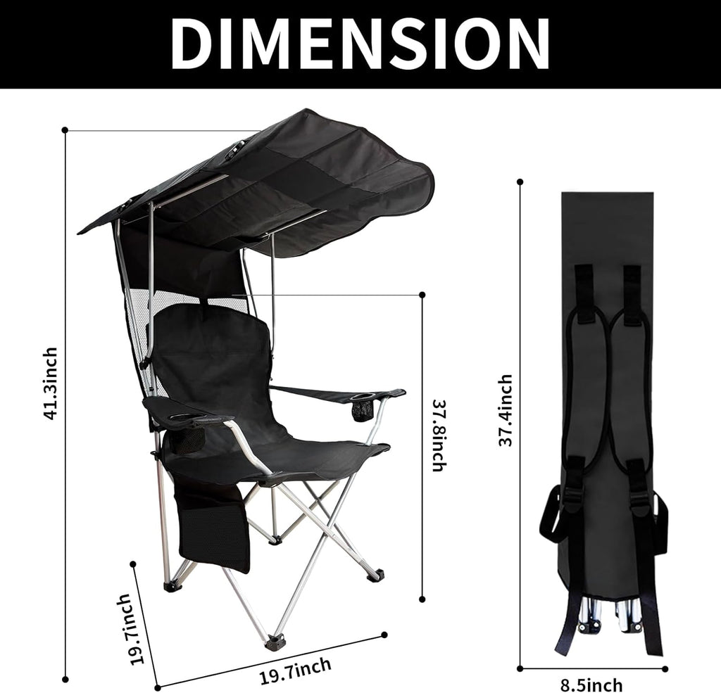Skiennix Portable Camping Chair - Folding Lounge Chair with Canopy Shade & Cup Holder | Supports 330 LBS (Black)