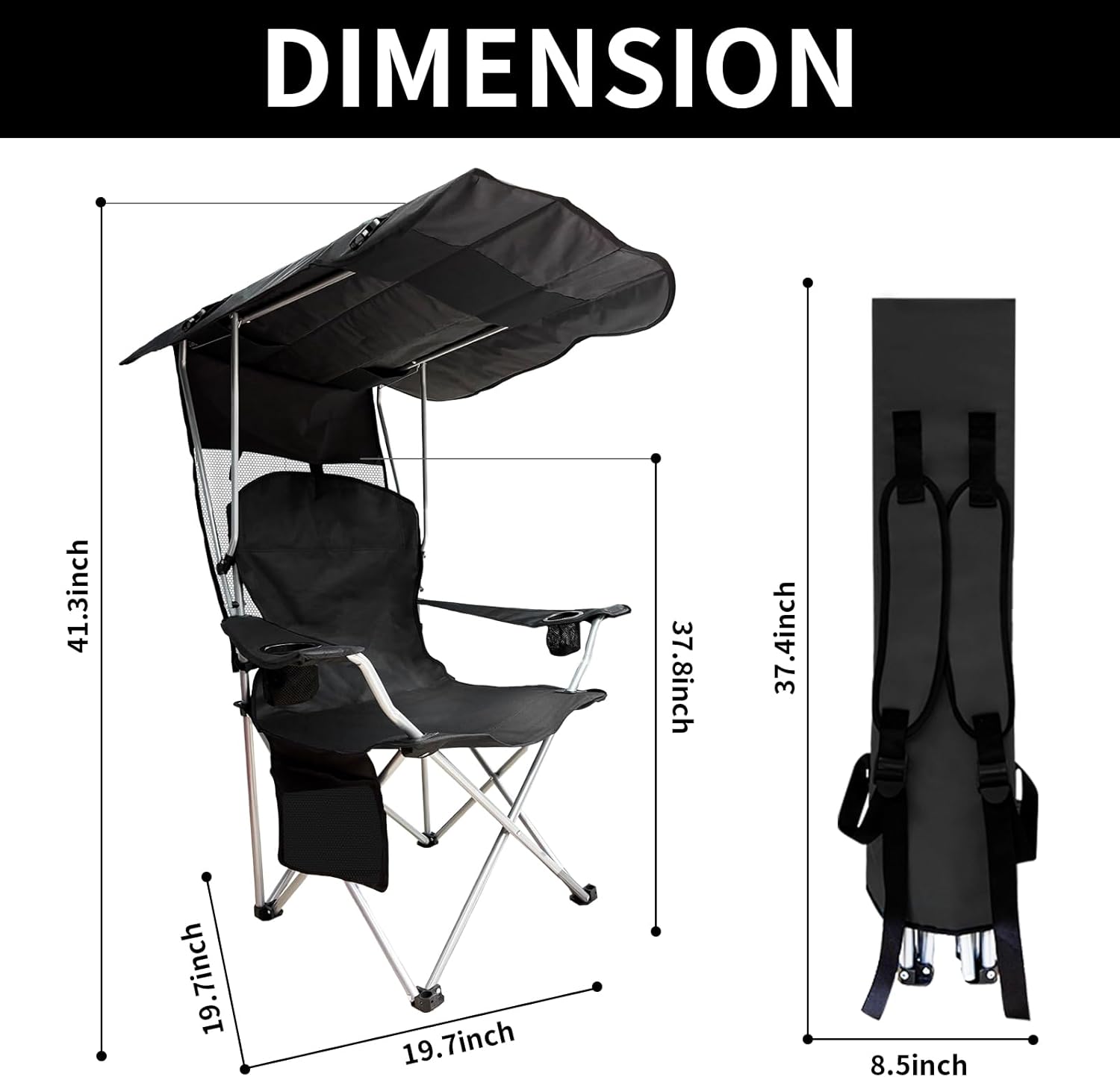 Skiennix Portable Camping Chair - Folding Lounge Chair with Canopy Shade & Cup Holder | Supports 330 LBS (Black)