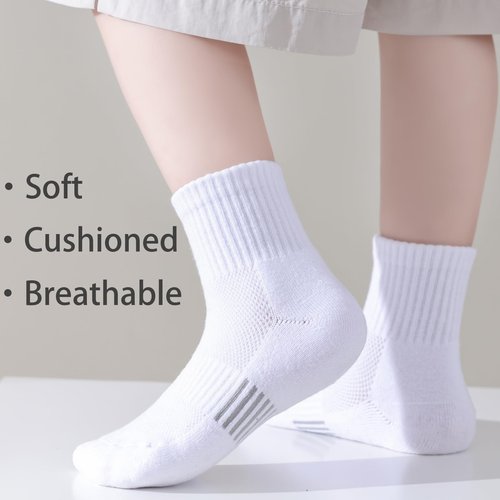 hakugoo Kids White Ankle Athletic Socks - 12 Pairs Cushioned Quarter Socks for Boys Girls, Breathable Mesh Cotton, 7-10 Years Youth (White, M)