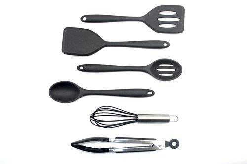 Mini Silicone Kitchen Utensils Set 6-Piece Black, Space-Saving Cooking Tools, Kid-Safe Cookware, Travel, Small Kitchen Utensil Set for Camping & RV