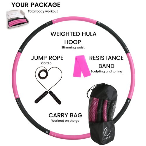 Fiteroc 2.8 lb Weighted Fitness Hoop, 8 Detachable Sections, Adjustable Large Size for Core Workouts, Black/Pink