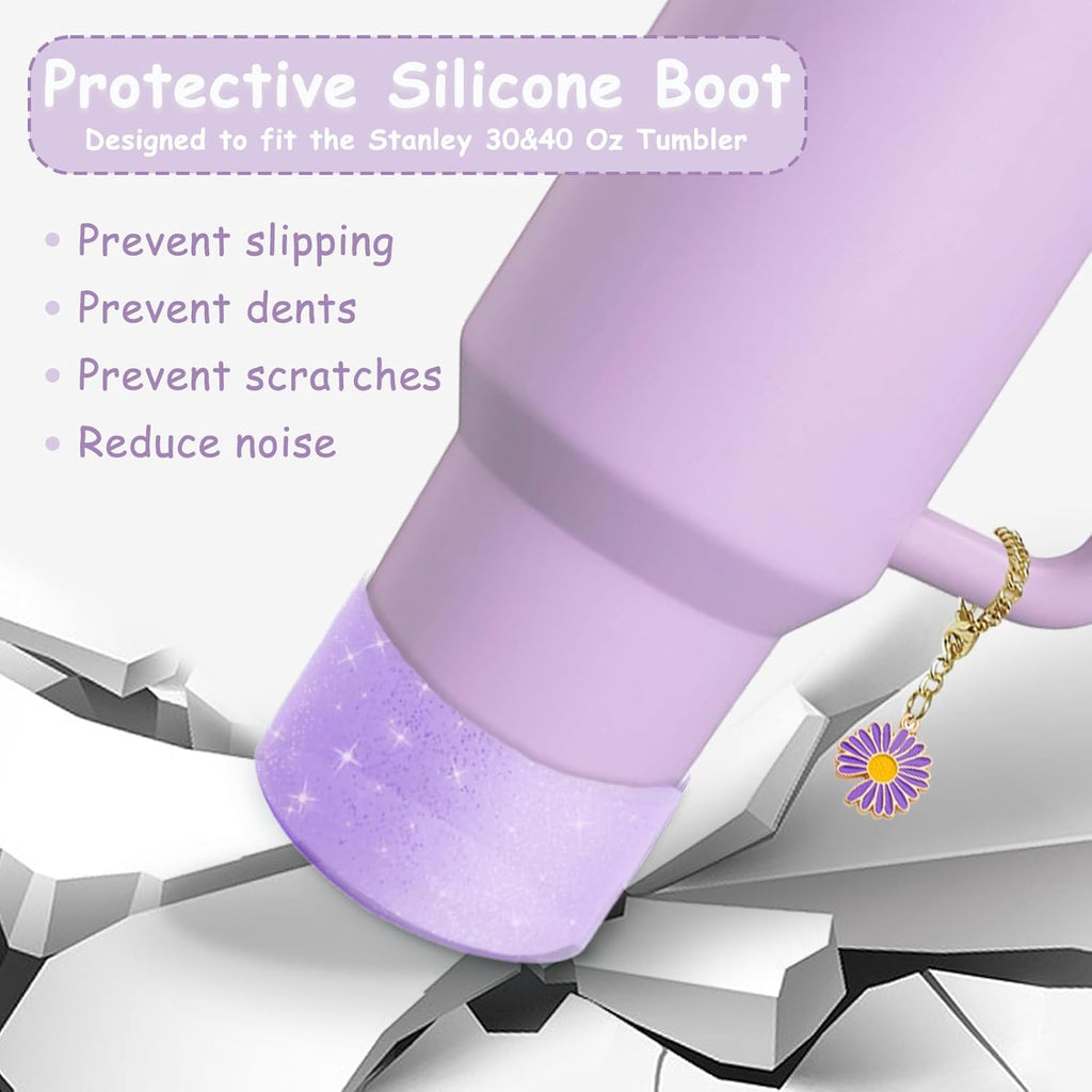 Stanley Cup Accessories Set - 2 Straw Covers, 1 Spill-Proof Stopper & 1 Flower Handle Charm - Purple