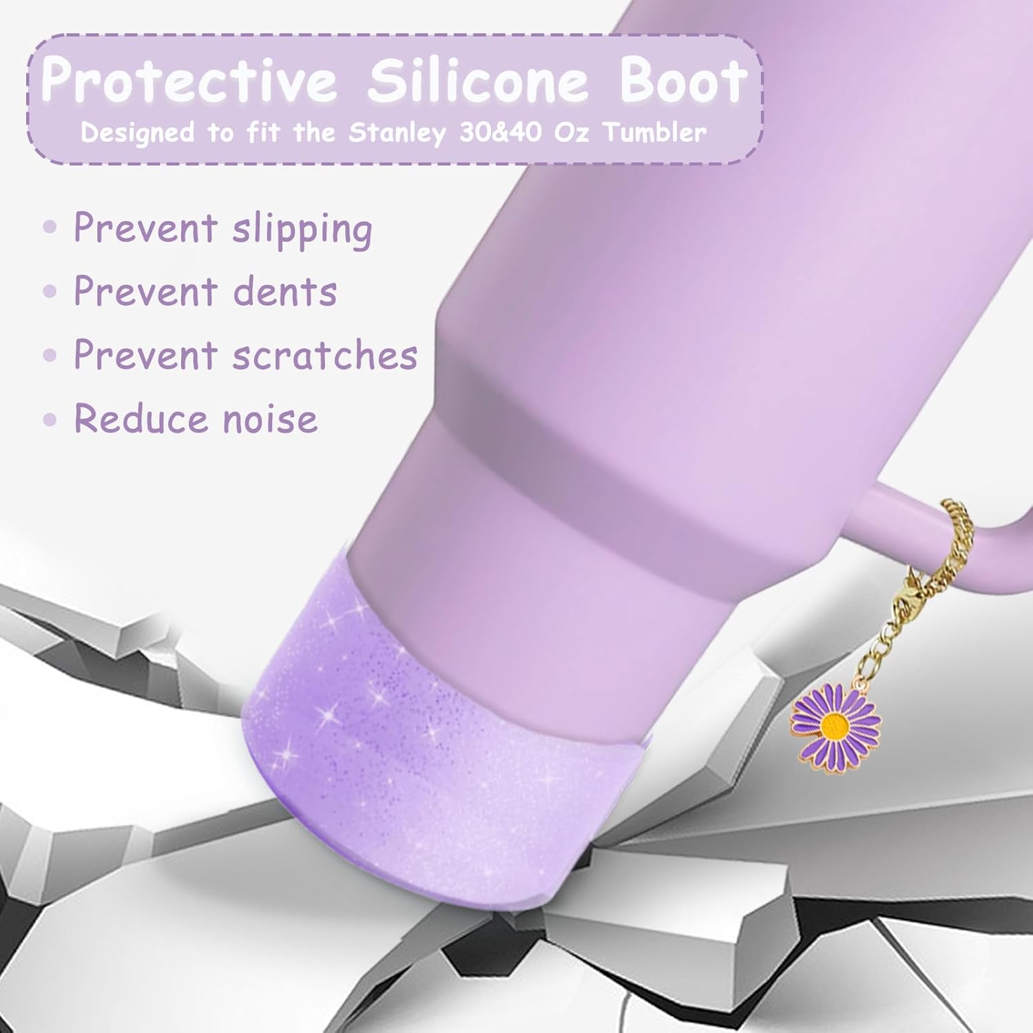 Stanley Cup Accessories Set - 2 Straw Covers, 1 Spill-Proof Stopper & 1 Flower Handle Charm - Purple