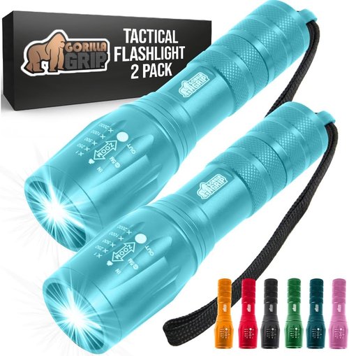 GORILLA GRIP LED Tactical Flashlight - 750 FT High Lumens, 5 Modes, Water Resistant | 2 Pack Turquoise