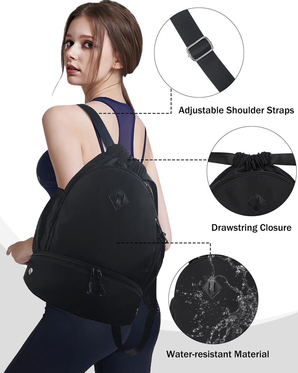 RHDZO Drawstring Backpack - Gym Bag with Shoe Compartment & Wet Pocket | Black