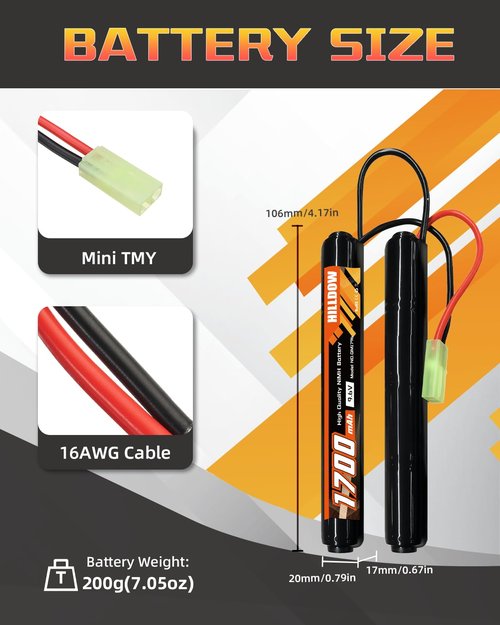 Hilldow 9.6V NiMH Airsoft Battery 1700mAh Rechargeable Battery with Mini TMY Plug RC Battery for Airsoft Guns(2 Pack)
