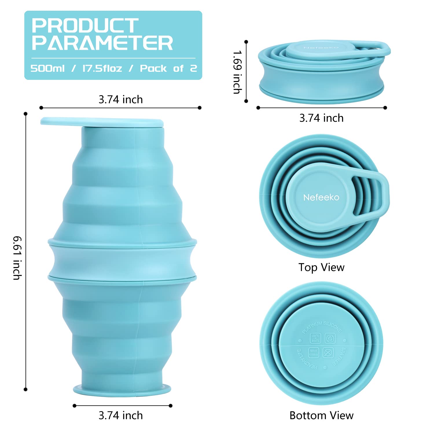 Nefeeko Collapsible Water Bottle,2 Pack 17oz Reuseable BPA Free Silicone Foldable Water Bottles for Travel Gym Camping Hiking, Portable Leak Proof Sports Water Bottle with Carabiner