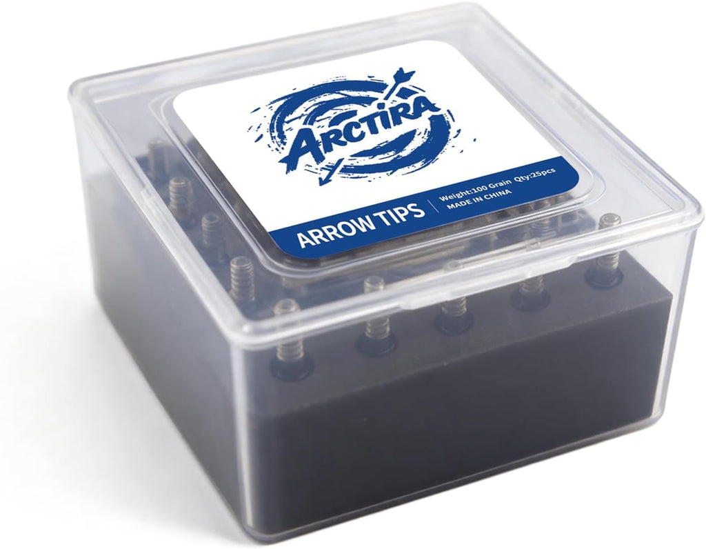 Skiennix Archery Field Points - 25 Pcs 100/125 Grain Stainless Steel Arrow Tips with Case for Target Practice