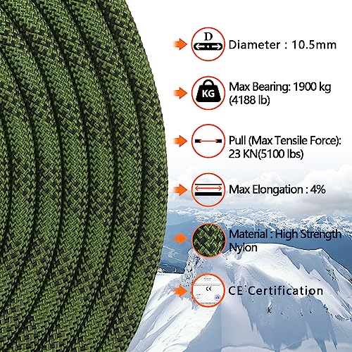 Green 230ft Static Climbing Rope 10.5mm for Outdoor Rock & Rescue