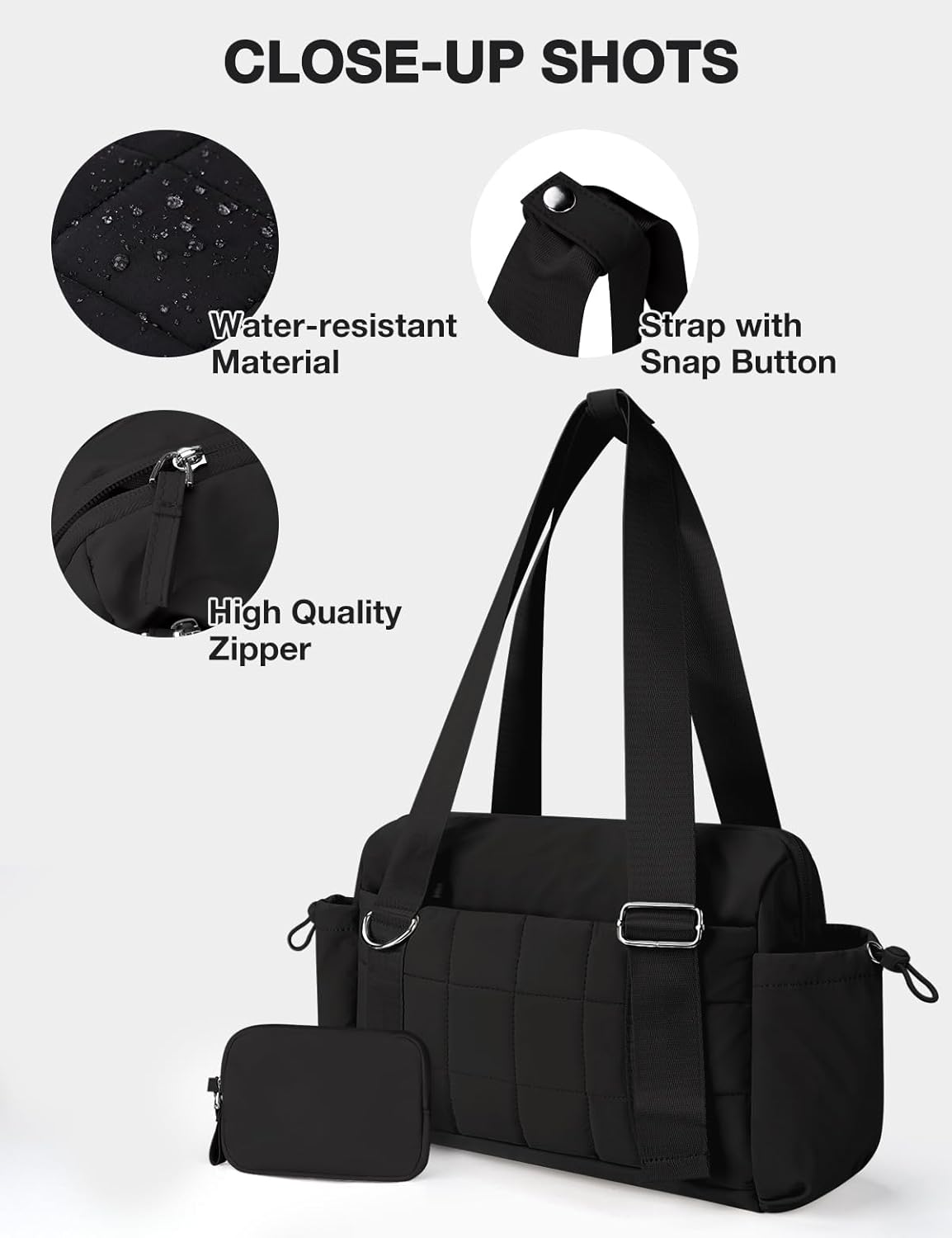 VUUDH Mini Gym Bag for Women Puffy Bag, Small Gym Bag with Coin Wallet, Lightweight Gym Tote Bag for Fitness, Work, Travel, Daily Commute,Black
