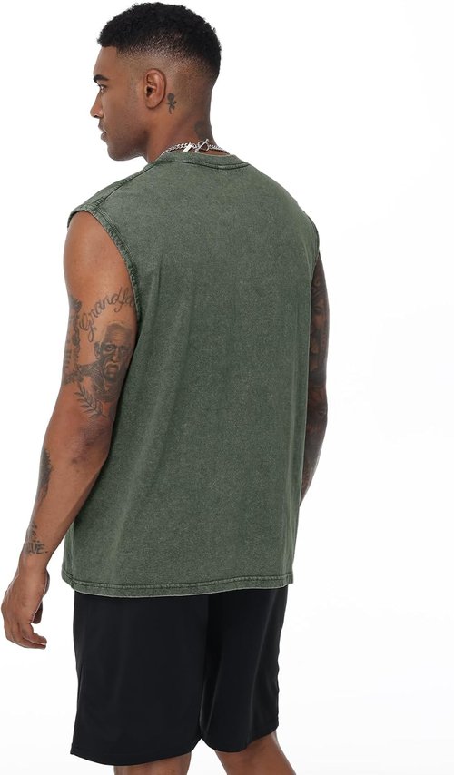 Flygo Men's Sleeveless Workout Tank Tops - Acid Wash Cotton Muscle Tees for Gym & Running
