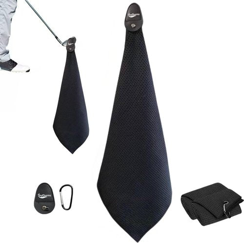 TinyCharms Magnetic Golf Towel, 16"x16" Black Microfiber, Strong Magnet & 3 Grommet Design, Carabiner Hook, Super Absorbent & Easy Clean, Golf Bag Accessory (Black, (16"*16") x2)