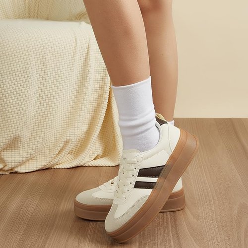 LEYING Women's Chunky Platform Sneakers - Retro Leather Casual Tennis Shoes | Thick Rubber Sole