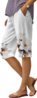 DMOYALA Women's Boho Floral Linen Bermuda Shorts - Comfortable Summer Pants with Pockets