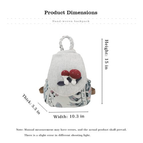 HUANGGUOSHU Women Cotton Woven Bohemian Hemp Boho Canvas Embroidery Multi Pocket Retro Cute Backpack Wallet Backpack（Mushroom）