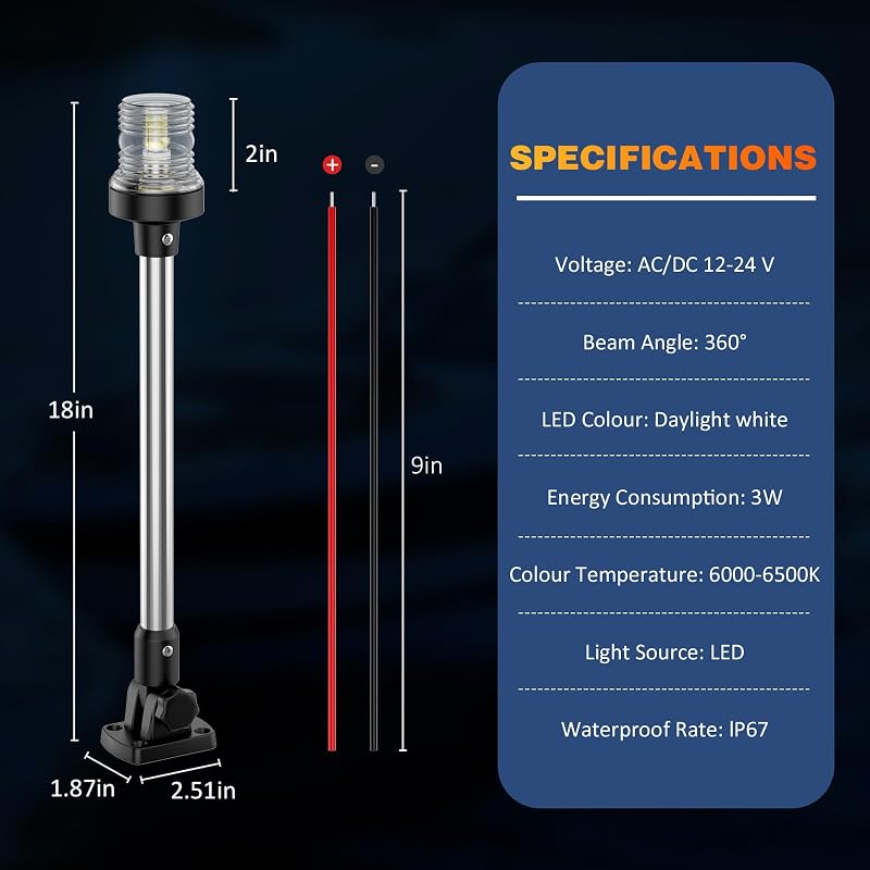18 Inches LED Boat Anchor Light – 3NM 360° White Navigation Light, IP67 Waterproof, Fold-Down Rear Stern Light for Pontoon Boats (12-24V) - Variation: 18 Inches