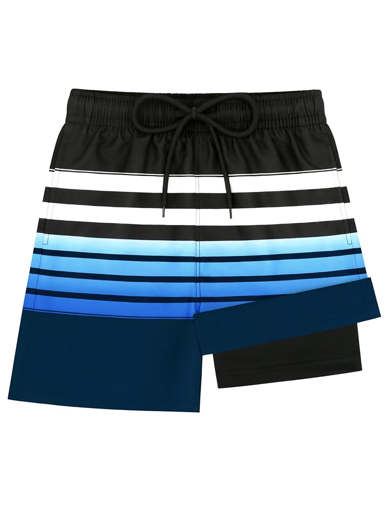 Boys Swim Trunks with Compression Liner - Black with Navy Blue White Stripes, 14-16 years