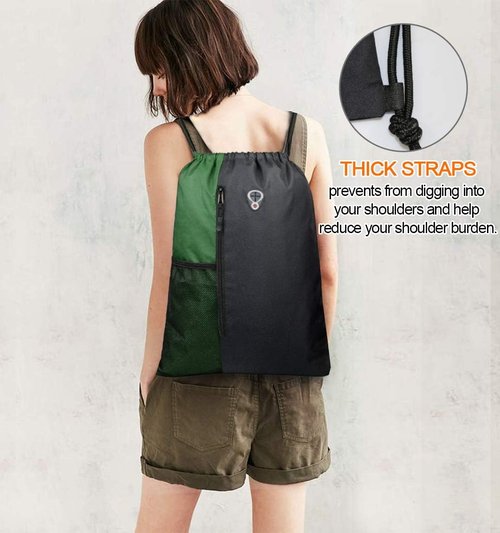 BeeGreen Drawstring Gym Backpack - Large Cinch Sackpack with Zipper & Water Bottle Pockets | Black/Green