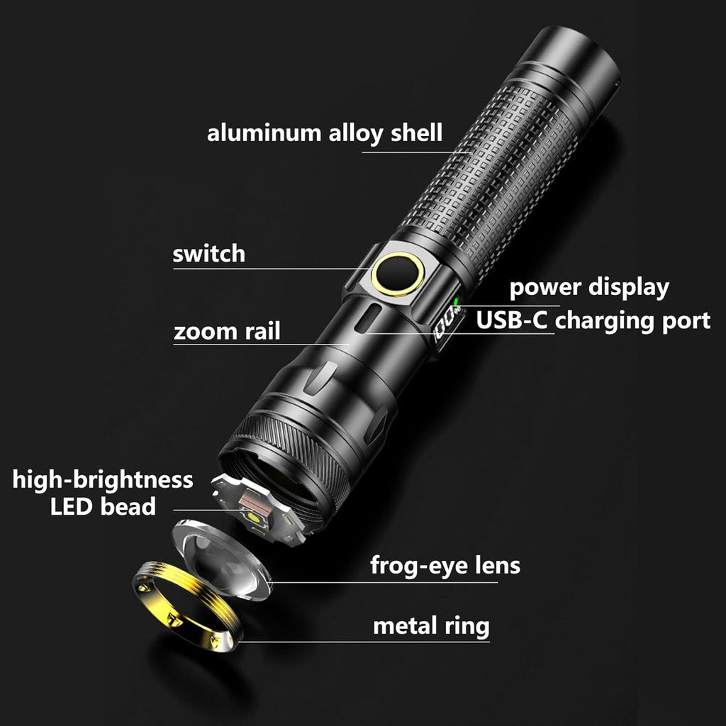 Skiennix Rechargeable LED Flashlight - High Lumens Bright EDC with Digital Power Display | USB-C Charging for Home & Outdoor Use