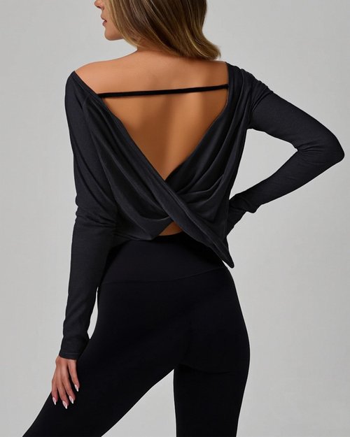 Open Back Long Sleeve Workout Tops for Women Criss Cross Backless Athletic Gym Running Yoga Dance Shirts Streetwear(Black,S)