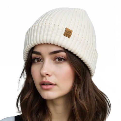 ACUSHLA Waterproof Windproof Cuff Beanie for Men & Women - Fleece-Lined Thick Warm Knitted Winter Hat for Cold Weather Unisex Heavyweight Watch Cap, Creamy White