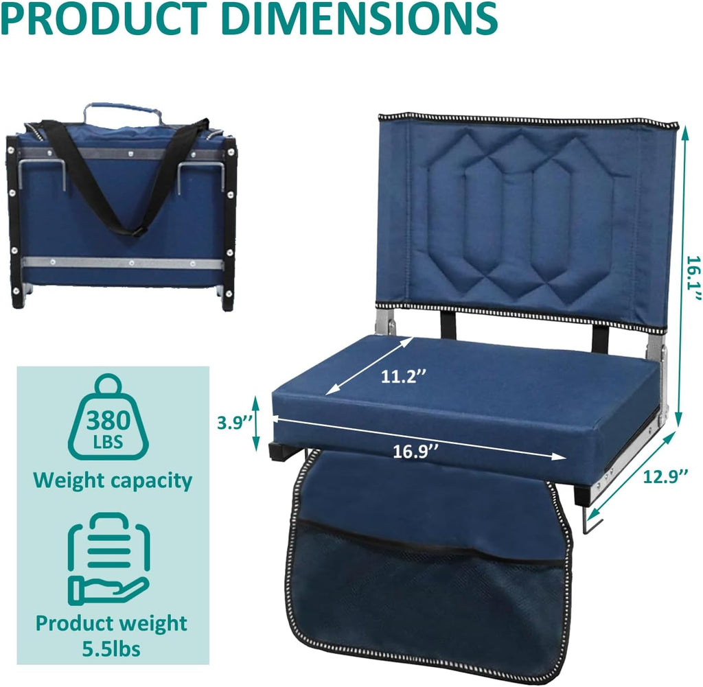 Skiennix Comfortable Stadium Seats - Cushioned Back Support & Storage Pockets | 2-Pack, Blue