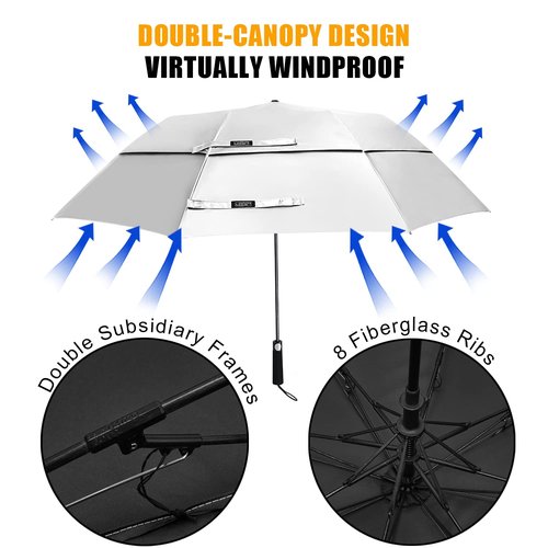 G4Free 62 Inch Portable UV Protection Large Golf Umbrella, Automatic Open Double Canopy Big Sun Windproof Oversize Sports Umbrella(Silver/Black)