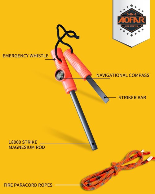 AOFAR Military Compass and Fire Starter AF-4580/381 Lensatic Sighting, Survival Kit,Waterproof and Shakeproof Measure Distance Calculator and Pouch for Camping, Hiking, Hunting, Backpacking