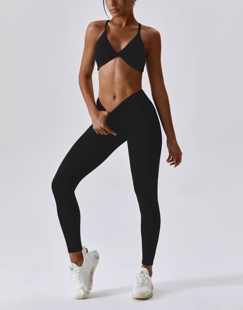 ABOCIW Workout Sets for Women V-Neck Twist Front Strappy Criss-Cross Back Sport Bra Tummy Conrol High Waist Leggings 2 Piece Exercise Gym Yoga Outfit Black Small