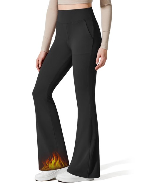 G4Free Fleece Lined Pants Women High Waist Flare Winter Leggings with Pockets Thermal Trousers for Yoga Causal Workout(Black,M,31'')