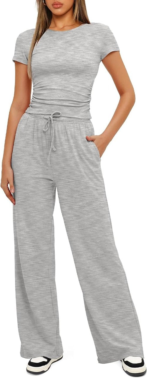 Darong Women's Summer Lounge Set - Side Ruched Crop Top & Wide Leg Pants | Stylish Comfort